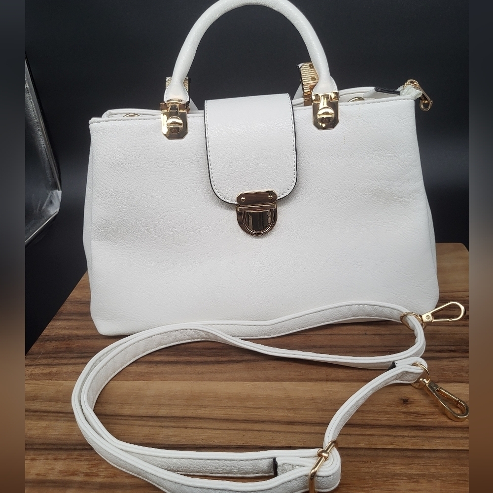 Dasein White Handbag with Adjustable, Detachable Strap & Gold Accents, Like New